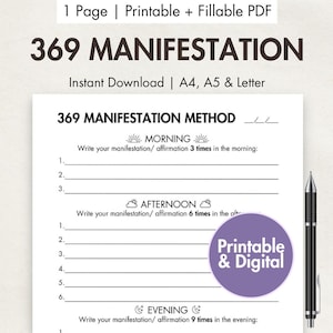 369 Manifestation Journal Printable Digital 369 Method Printable Law of Attraction Template LOA Planner 369 Manifestation Method Prompts