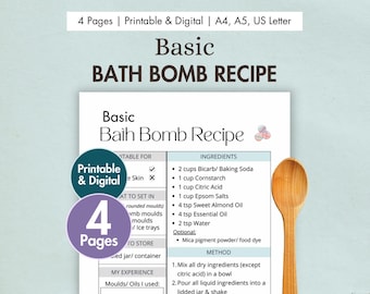 DIY Basic Bath Bomb Recipe Card Printable | Digital Natural Bath Bomb Card | Homemade Bath Bombs with Bicarb, Essential Oils & Sweet Almond