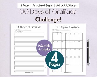 30 Days of Gratitude Journal Challenge Printable Digital Monthly Gratitude Calendar Gratitude Journal Prompts Thankfulness Mindfulness Log