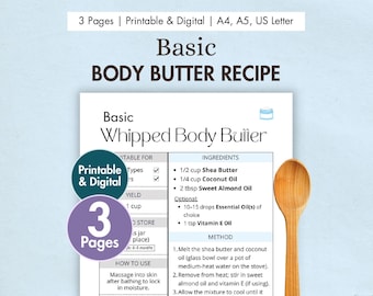DIY Basic Whipped Body Butter Recipe Printable | Homemade Hydrating Lotion | Natural Shea Butter & Coconut Moisturiser | Digital PDF Card
