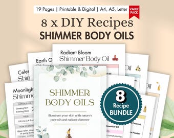 8 recetas imprimibles de aceites corporales brillantes caseros / Aceite corporal iluminador natural / Paquete digital en PDF de tarjetas de cuidado de la piel con ingredientes botánicos y aromaterapia