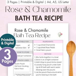 Receita de chá de banho de rosas e camomila para imprimir | Cartão digital para sachê de chá de banho natural | Bolsa de banho de ervas caseira | Imersão orgânica e ecológica