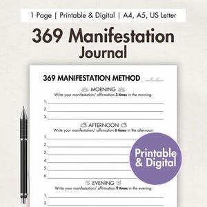 369 Manifestation Journal Printable Digital 369 Method Printable Law of Attraction Template LOA Planner 369 Manifestation Method Prompts