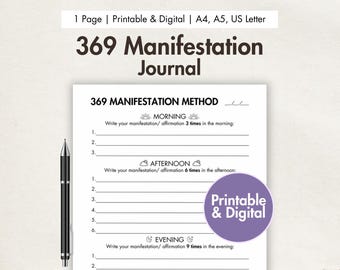 369 Afdrukbaar manifestatiedagboek digitaal 369-methode Afdrukbare sjabloon Wet van aantrekking LOA-planner 369 Manifestatiemethode-prompts