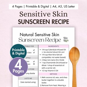 DIY Sensitive Skin Sunscreen Recipe Printable | Digital Gentle Homemade Sunblock with Zinc Oxide & Chamomile | Natural Zero Waste Card