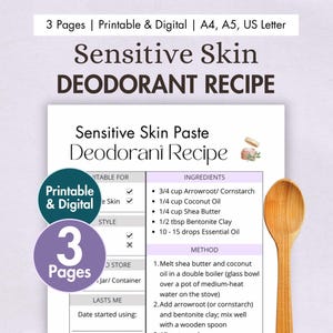 DIY Sensitive Skin Deodorant Recipe Printable | Digital No Bicarb Deodorant Card | Homemade Natural Paste | Vegan, Eco-friendly, Zero Waste