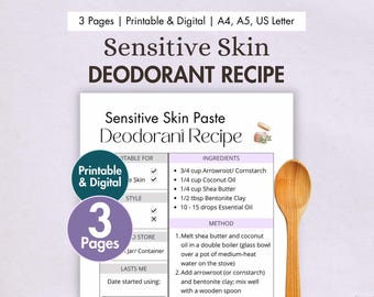 DIY Sensitive Skin Deodorant Recipe Printable | Digital No Bicarb Deodorant Card | Homemade Natural Paste | Vegan, Eco-friendly, Zero Waste