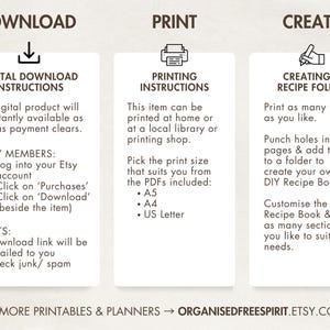 May include: A digital download instruction guide with three sections: Download, Print, and Create. The Download section explains how to access the digital product for Etsy members and guests. The Print section explains how to print the product at home or at a local library or printing shop. The Create section explains how to create a recipe folder by punching holes into the pages and adding them to a folder.