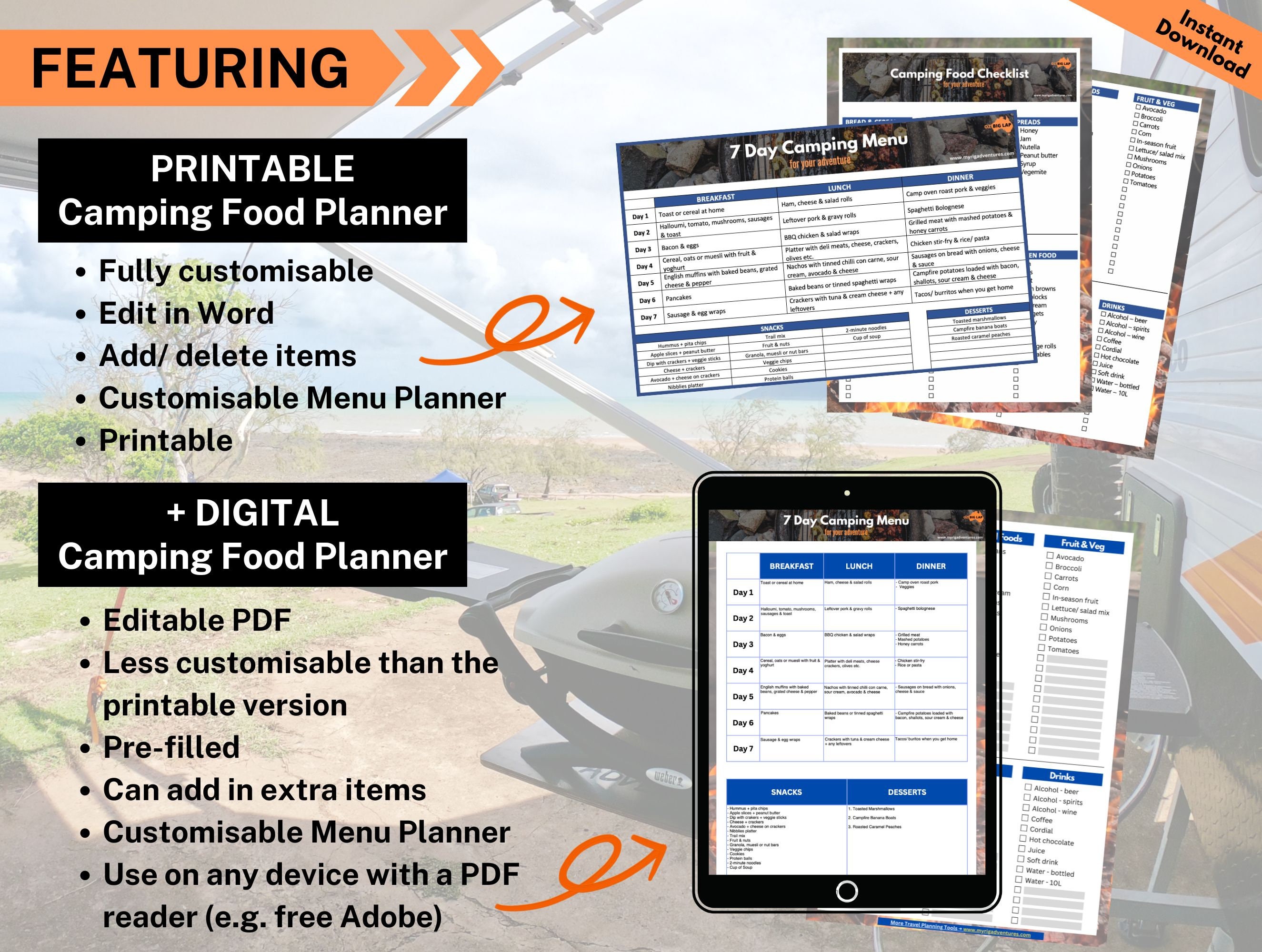 7-day Menu Planner Food Checklist for Camping DIGITAL PRINTABLE RV Food ...
