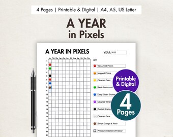 A Year In Pixels Printable & Digital PDF Mood Tracker Exercise Tracker Reading Tracker Health Tracker Calorie Tracker Cleaning Tracker