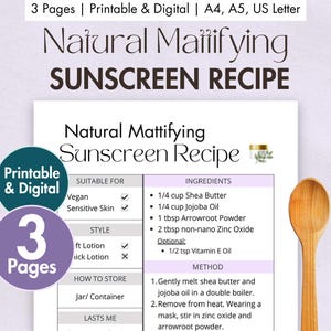 Recette DIY de crème solaire matifiante naturelle | Carte recette numérique de crème solaire maison | Crème solaire naturelle zéro déchet avec oxyde de zinc et beurre de karité