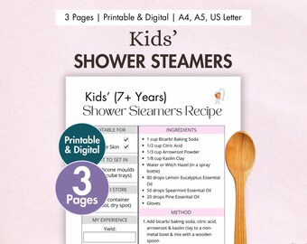 DIY Kids' Shower Steamers Recipe Printable | Digital Children's Shower Melts Card | Homemade Shower Bombs with Kaolin Clay & Essential Oils