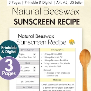 DIY natürliches Bienenwachs Sonnenschutz Rezept zum Ausdrucken | Digital Selbstgemachte Sonnencreme Karte | Zero Waste Sonnencreme mit Bienenwachs & Zinkoxid