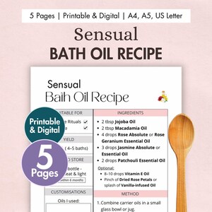 Utskrivbart recept på sensuellt badolja för hemmabruk | Digitalt spa-badkort | Eteriska oljor av ros, patchouli och jasmin, torkade rosenblad, vaniljblandning