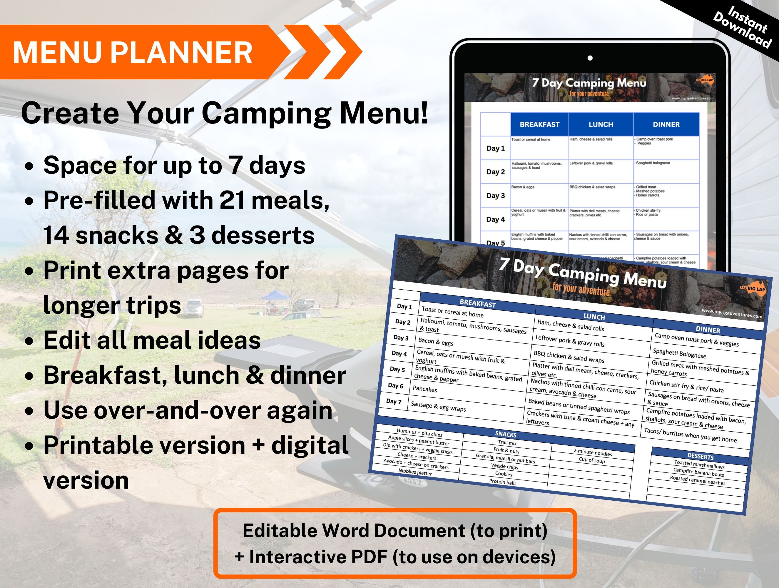 7-day Menu Planner Food Checklist for Camping DIGITAL PRINTABLE RV Food ...
