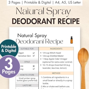 DIY Natürliches Spray Deodorant Rezept | Druckbare & digitale Deodorant Rezept Karte | Hausgemachtes Aluminium-freies ätherisches Öl Körperspray