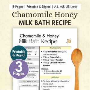 DIY Chamomile & Honey Milk Bath Recipe Printable | Calming Natural Soak with Powdered Milk + Chamomile | Digital Self-Care Card PDF Download