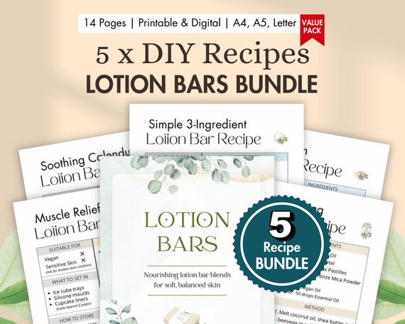 5 x DIY Lotion Bar Recipes | Natural Solid Lotion with Essential Oils | Organic Vegan Skincare Printables | Digital Homemade Cards BUNDLE