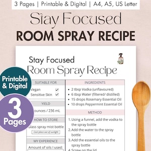 Przepis na odświeżacz powietrza do pomieszczeń Stay Focused DIY do wydrukowania | Karta z przepisem na cyfrowy odświeżacz powietrza | Domowy rozmaryn aromaterapeutyczny | Szablon olejków eterycznych