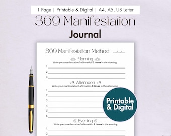 369 manifestatiedagboek afdrukbare digitale 369-methodesjabloon Wet van aantrekking planner LOA-dagboekprompts manifestatiesjabloon