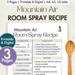 Recept afdrukbaar: DIY Mountain Air Room Spray | Receptkaart digitale luchtverfrisser | Zelfgemaakte etherische oliën voor aromatherapie - cederhout en sparren