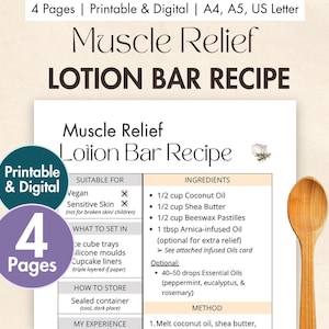 Receta de barra de loción para aliviar los músculos (imprimible y digital) / Tarjeta con receta de loción sólida natural / Aceites esenciales de eucalipto, menta y romero