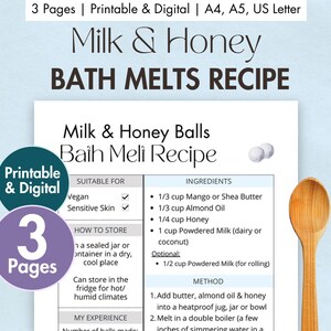DIY Milch und Honig Bad Melts Rezept Karte Druckbare Digitale Bad Melts Planer Hausgemachte Natürliche Zutaten Vorlage Bad Umweltfreundlich