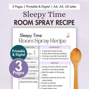DIY Sleepy Time Room Spray Recipe Printable | Digital Air Freshener Recipe Card | Homemade Aromatherapy Essential Oils, Lavender & Chamomile