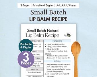 DIY Small Bach Lip Balm Recipe Printable | Digital Natural Lip Salve Card | Homemade Lip Care Ointment with Beeswax, Cocoa & Essential Oil