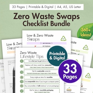 Lista de verificação de trocas de desperdício zero Pacote para impressão Vida sustentável digital Desafio de desperdício zero Planejador de casa ecológico Reciclagem