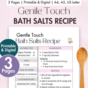 Receita de sais de banho Gentle Touch para imprimir | Cartão digital de sais de banho naturais | Banho de imersão caseiro para pele sensível - Sal de Epsom, Aveia