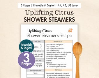 DIY Uplifting Citrus Shower Steamers Recipe Printable | Digital Shower Melts Card | Homemade Shower Bombs with Clay, Lemon & Grapefruit