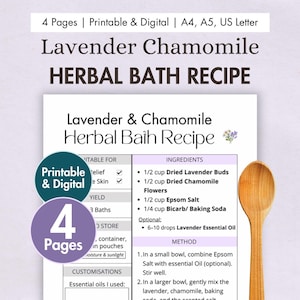 DIY Lavender & Chamomile Herbal Bath Recipe Printable | Digital Spa Soak Card | Epsom Salt, Baking Soda, Essential Oil + Flower Buds
