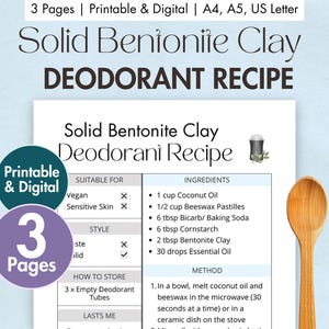 Bentonit Ton Festes Deodorant Rezept Druckbare Deodorant Rezeptkarte Digitales DIY Deodorant Selbstgemacht Natürliche Zutaten umweltfreundlich