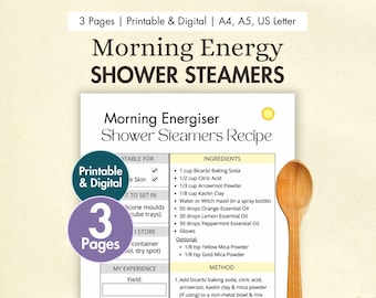 DIY Morning Energiser Shower Steamers Recipe Printable | Digital Shower Melts Card | Homemade Shower Bombs | Natural Bath Body Aromatherapy