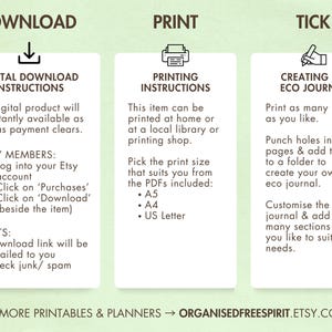 May include: A green and white printable guide with instructions for downloading and printing an eco journal. The guide includes instructions for Etsy members and guests, as well as instructions for creating an eco journal.