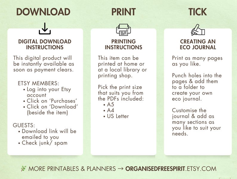 May include: A green and white printable guide with instructions for downloading and printing an eco journal. The guide includes instructions for Etsy members and guests, as well as instructions for creating an eco journal.