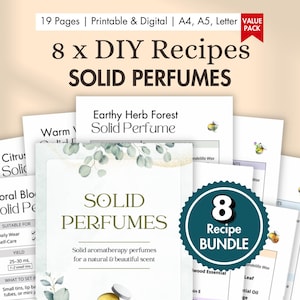 8 x DIY-recept på fasta parfymer, utskrivbara | Naturliga parfymkakor med eteriska oljor | Digital PDF-aromaterapi, kroppsvård, smink, PAKET