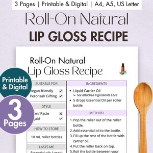 Receita de gloss labial roll-on faça você mesmo para imprimir | Cartão de receita de protetor labial digital | Protetor labial ecológico caseiro com óleo natural e óleos essenciais