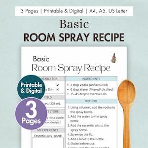 Utskrivbart recept på enkel rumsspray i DIY-stil | Receptkort för digital luftfräschare | Hemgjord aromaterapilösning | Spraya med eteriska oljor i PDF-format