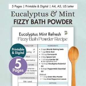 Receta de polvo de baño efervescente de eucalipto y menta (imprimible/digital) - Baño de sales de Epsom casero - Aceite de menta, hojas secas y polvo de mica