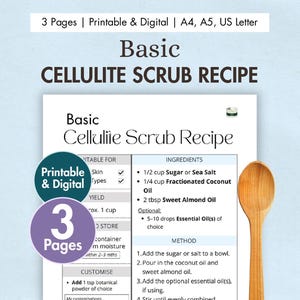 Ricetta base per scrub anticellulite fai da te stampabile / Ricetta base per esfoliante naturale / Scrub corpo fatto in casa a base di zucchero o sale / Scheda PDF scaricabile digitalmente