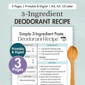 DIY einfaches 3-Zutaten Deodorant Rezept zum Ausdrucken | Digitale Natural Deo Karte | Vegane Hausgemachte Paste - Bicarbonat, Pfeilwurz, Kokosnussöl