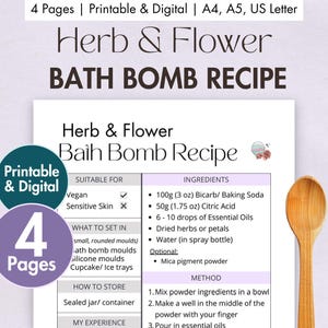 DIY Kräuter & Blumen Badebombe Rezept Karte Printable Digitaler Badebomben Planer Hausgemachte Badebomben Zutat Blatt Vorlage Natürlich Selbstgemacht