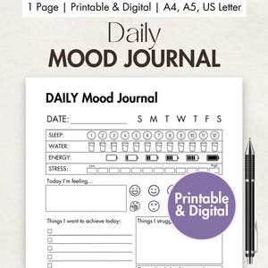 Dagelijks stemmingsdagboek Afdrukbare en digitale stemmingstracker Emotiegrafiek Stemmingsdagboek Welzijnsjabloon Wellnessdagboek Mental Health Check-in