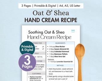 DIY Soothing Oat & Shea Hand Cream Recipe Printable | Nourishing Body Lotion for Dry Sensitive Skin | Natural Moisturiser | Digital PDF Card