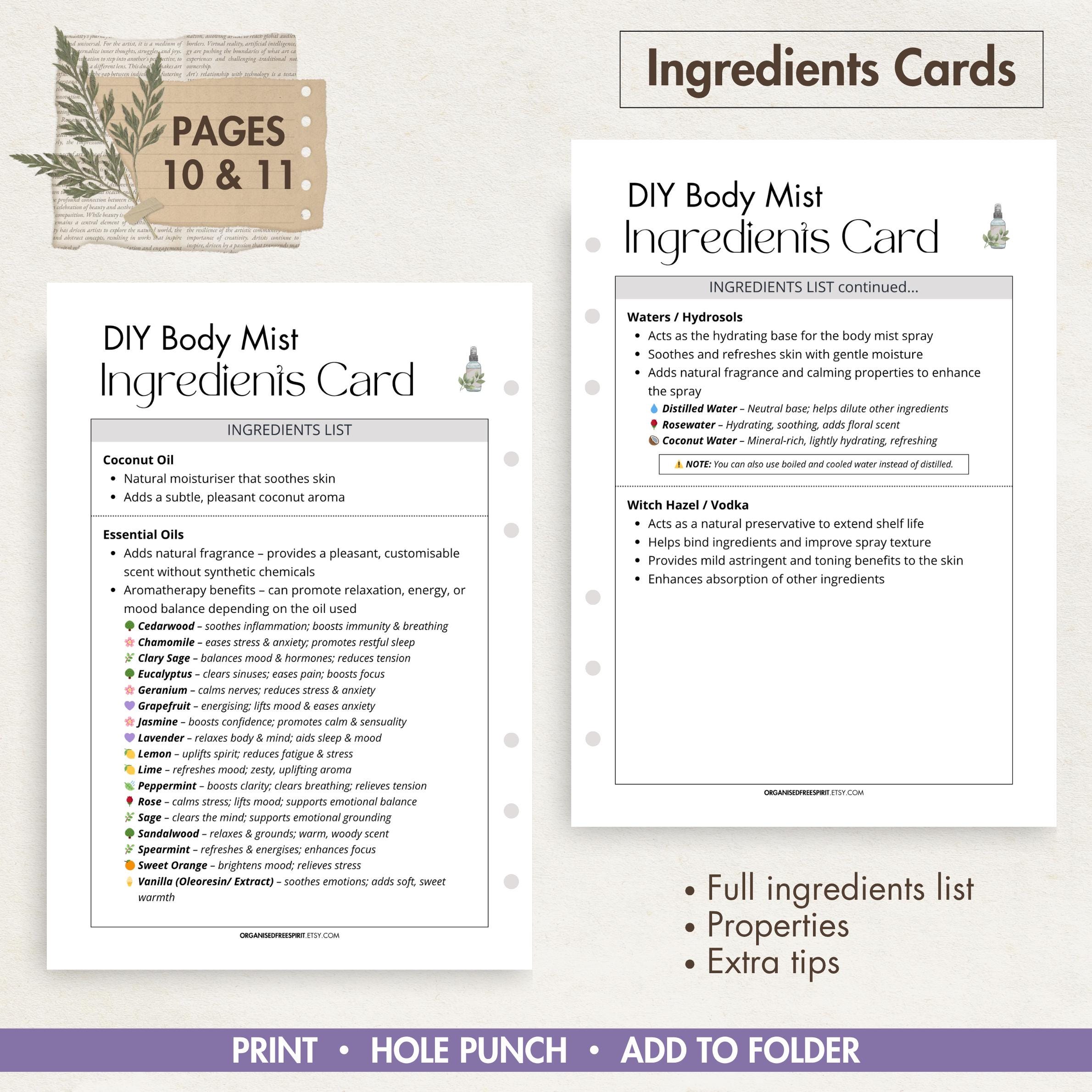 Printable Mist Card 8 X DIY Body Mist Recipes | Natural Aromatherapy Body Spray Blends ...
