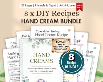 8 x DIY Hand Cream Recipe Cards Printable | Natural Butters & Oils Lotion | Aromatherapy Body Moisturiser | Handmade Skincare Digital BUNDLE