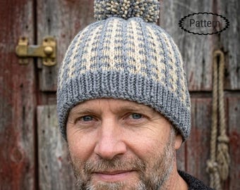 Patrón de punto para gorro de hombre, patrón de gorro de lana para hombre, Aran / Worsted, patrón de gorro con agujas circulares, KP416