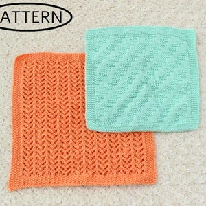 May include: Two knitted dishcloths, one orange and one light green, with a textured pattern. The word "PATTERN" is written in black on a white oval in the top left corner of the image.